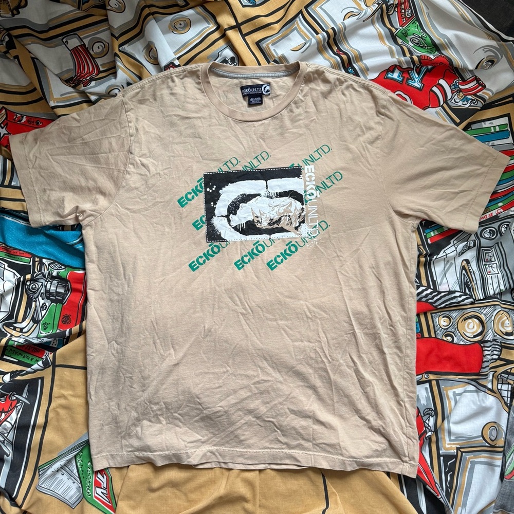 Y2K Ecko Unltd. t-shirt 2XL tan green rhino graphic oversized baggy tee